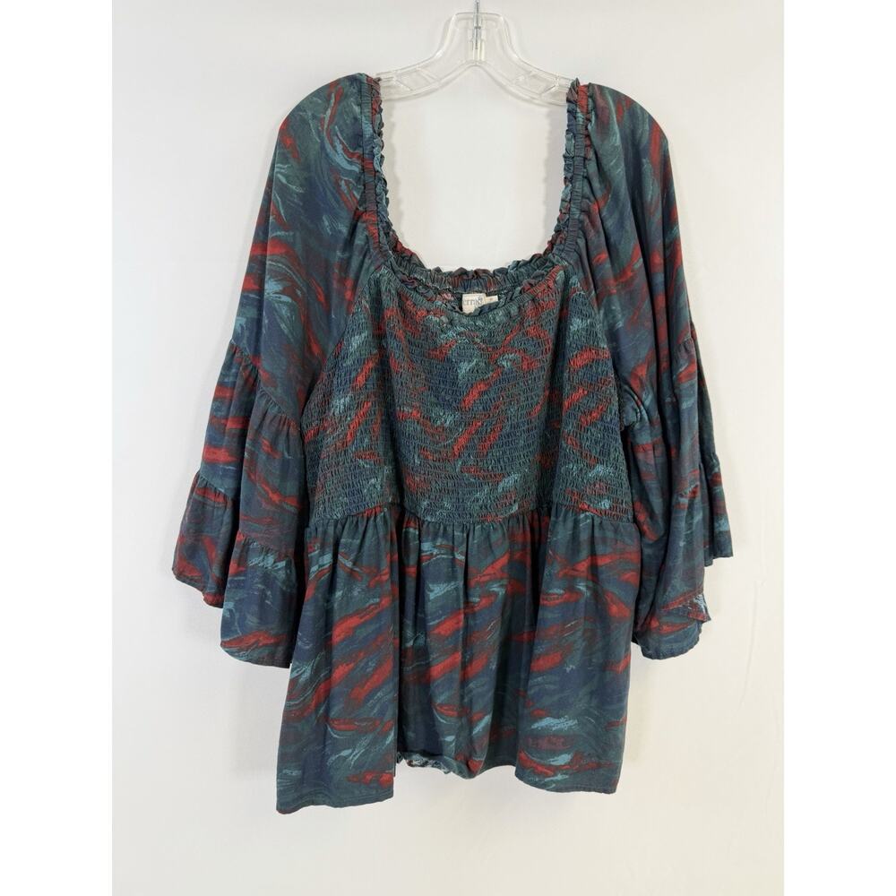 Terra & Sky Blouse Womens 3X 24/26 Blue Red Smocked Short Bell Sleeve Boho